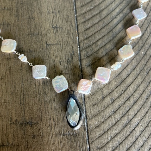 34" NECKLACE PEARL COLOR SQUARE PEARLS; STERLING SILVER CRYSTAL CHARM; NEW - Picture 5 of 9